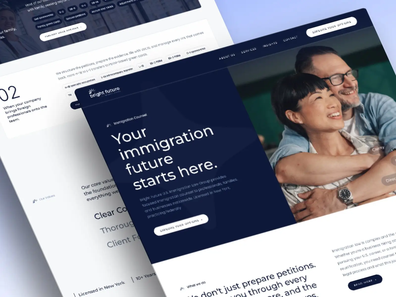 Bright Future Immigration website: navy hero with a smiling couple and service pages