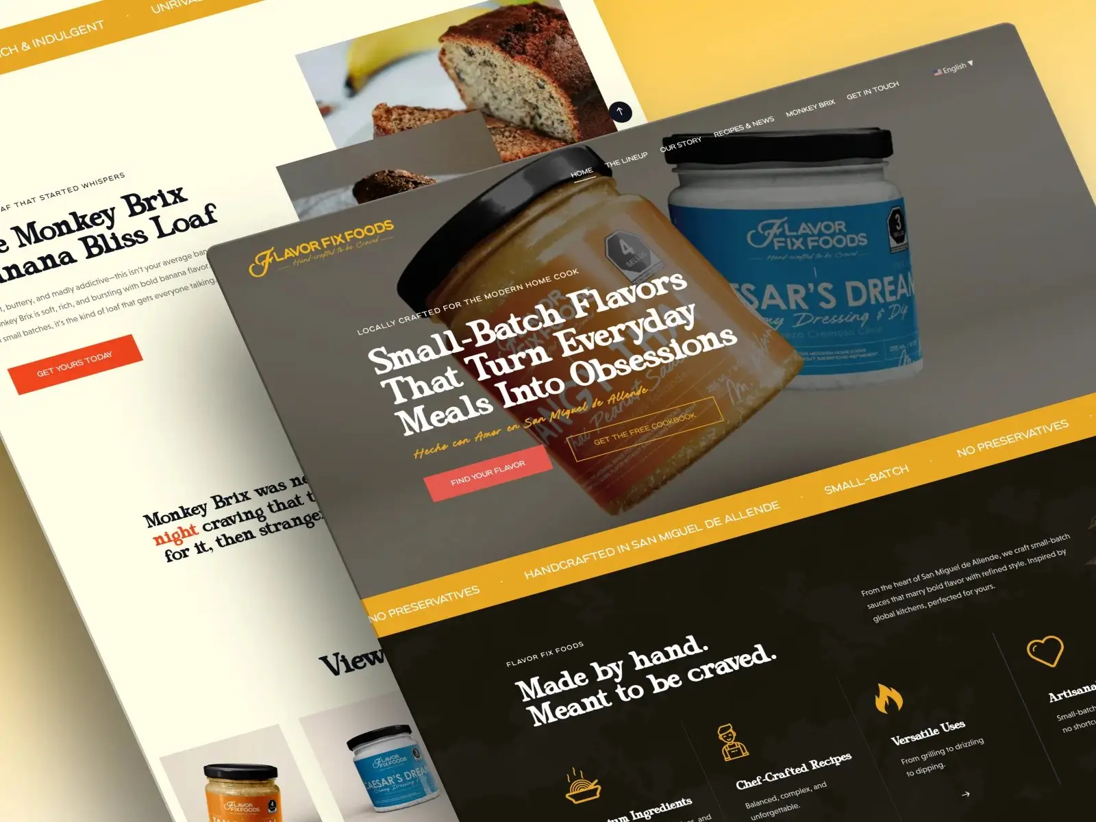 FlavorFix Foods website: hero with sauce jars and product pages
