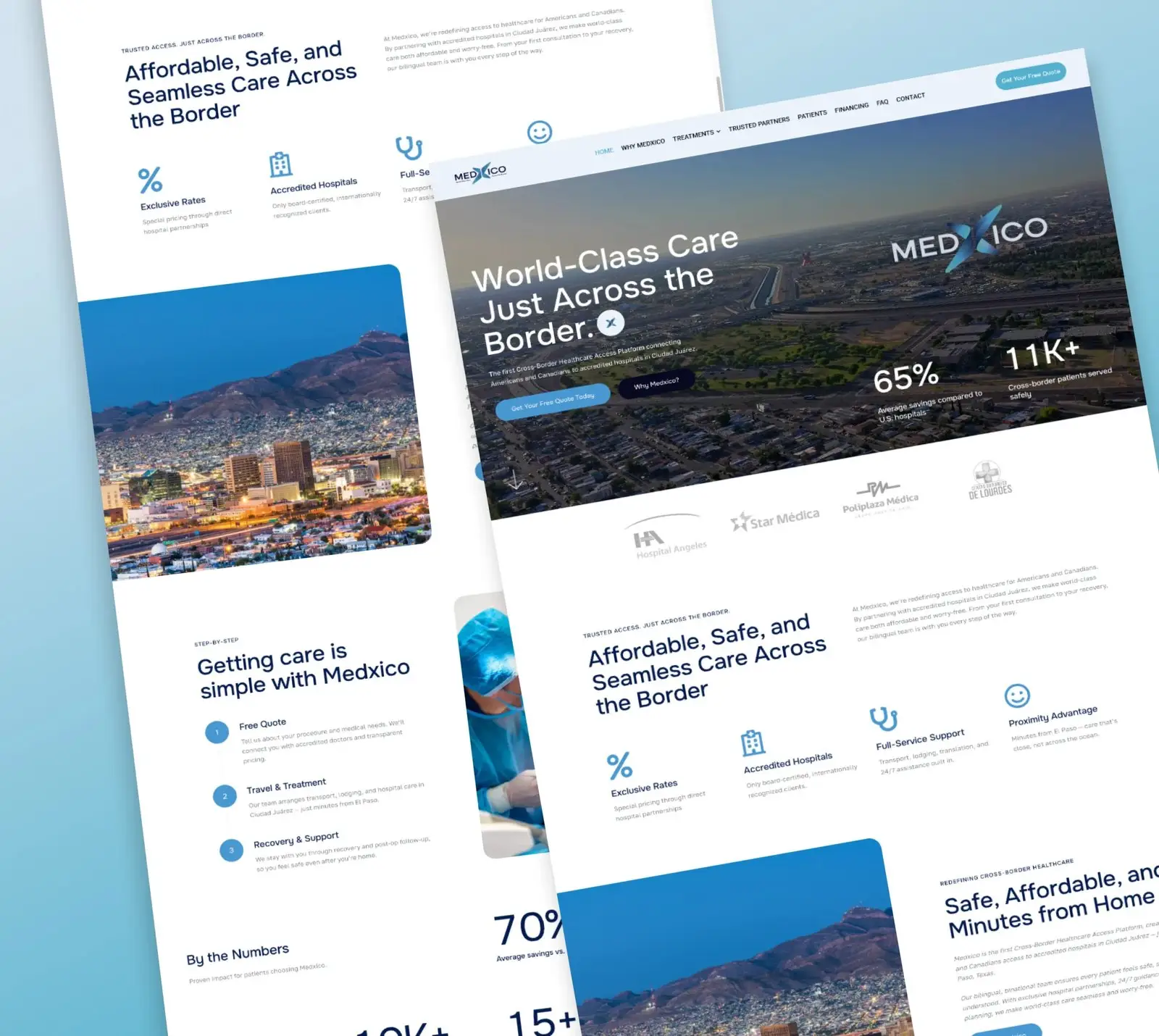 Medxico healthcare website: hero, partner hospitals and services