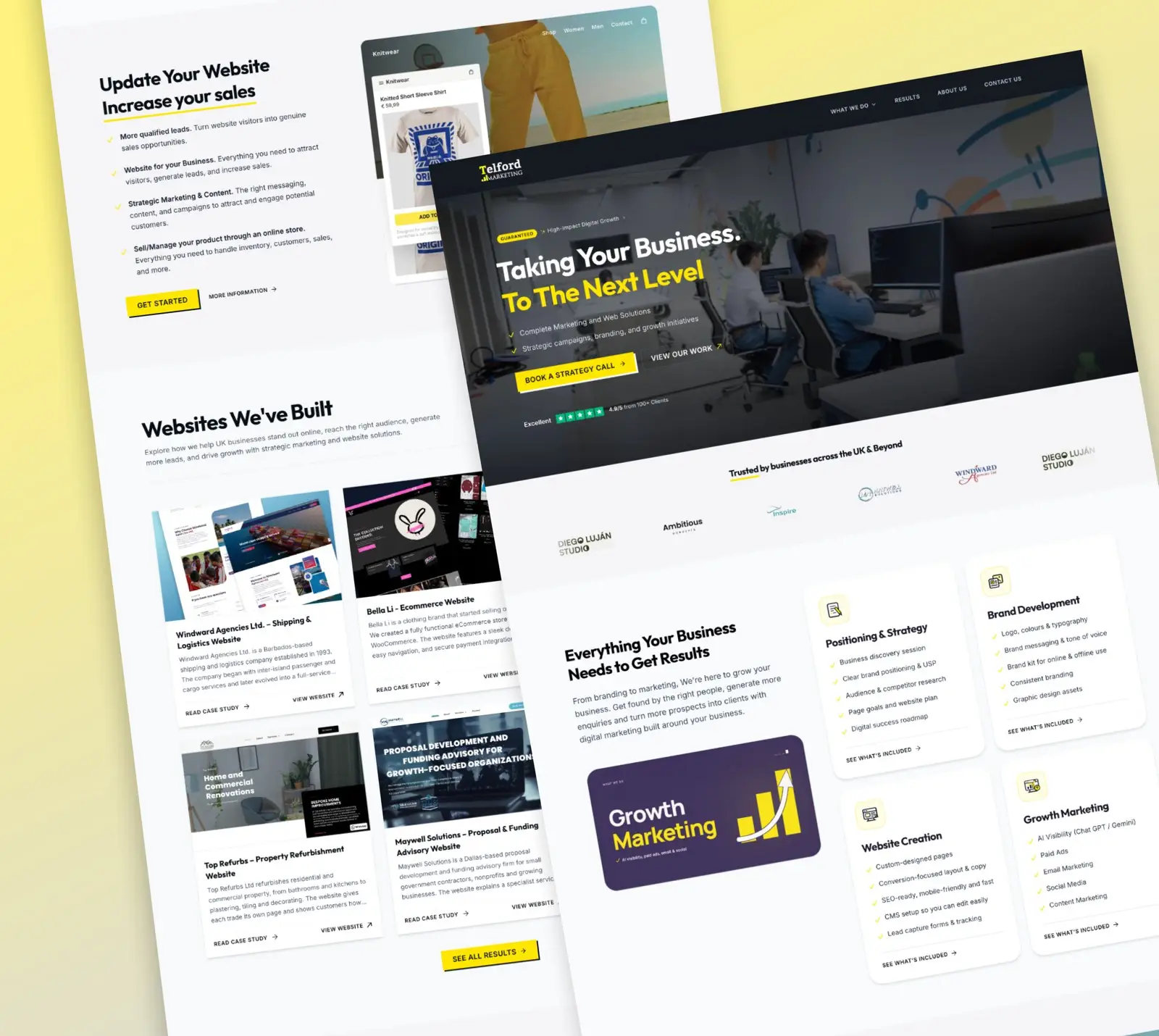 Telford Marketing website: dark hero, client logos, services and case studies