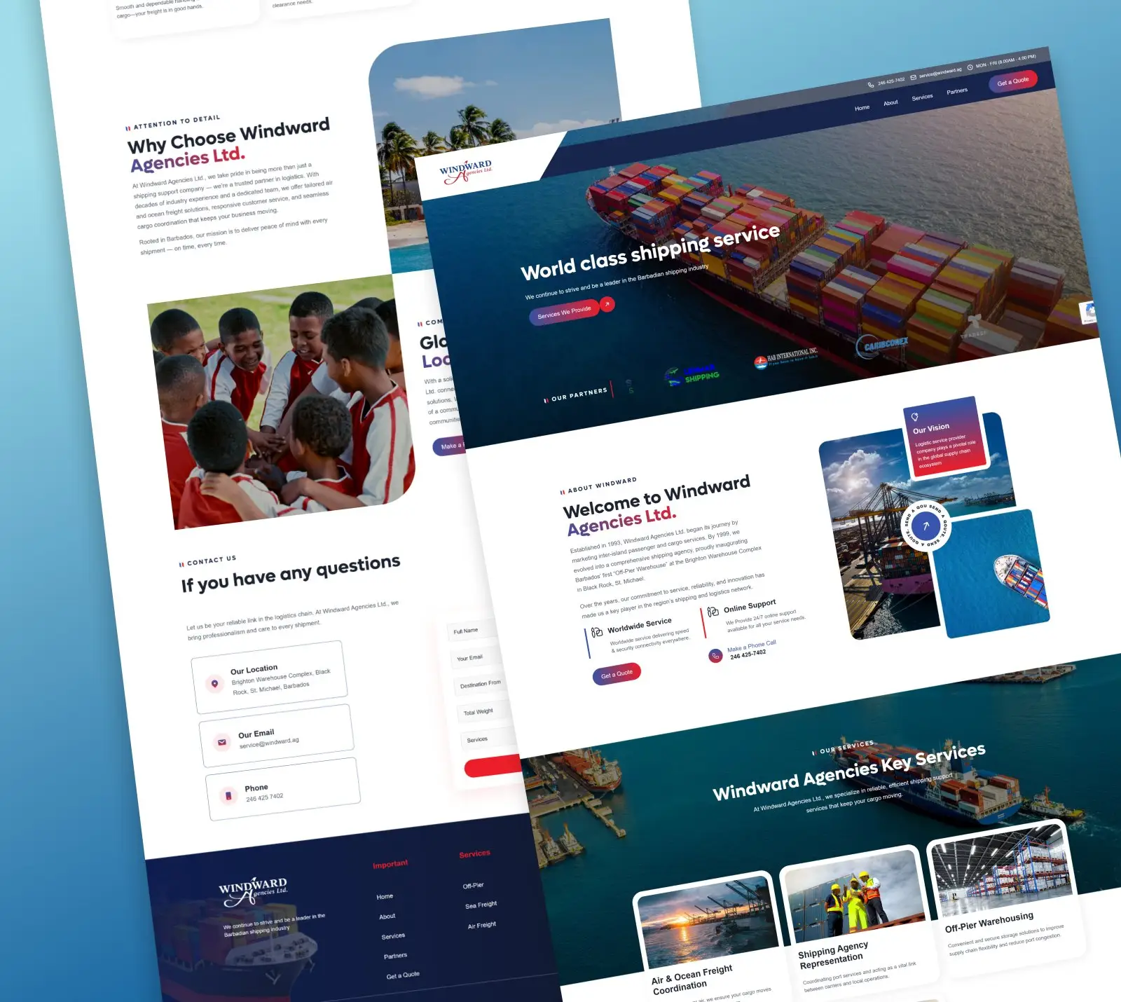 Windward Agencies website shown on desktop: hero, about, services and contact pages